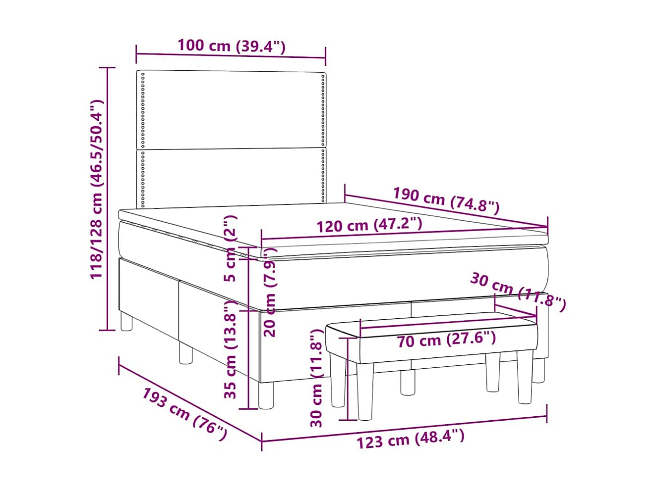 Giroletto a Molle con Materasso Blu 120x190 cm in Tessuto