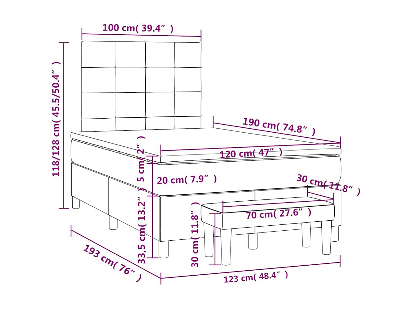 Sommier à lattes de lit et matelas bleu foncé 120x190cm velours