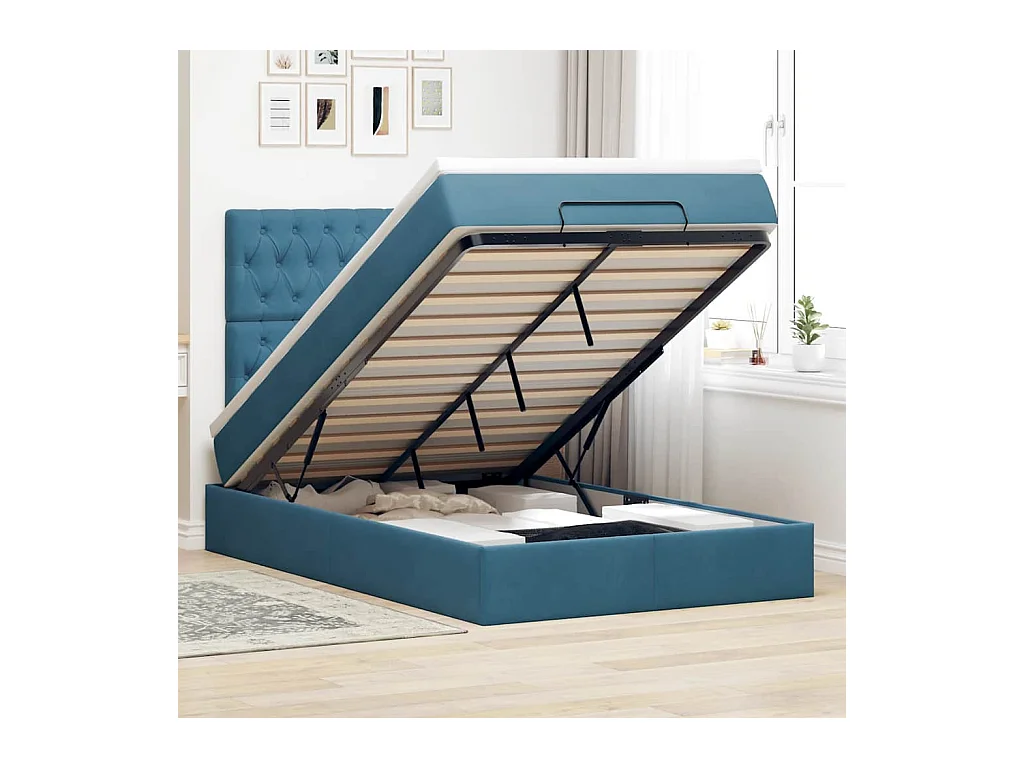 Cadre de lit ottoman avec matelas bleu foncé 120x200 cm velours