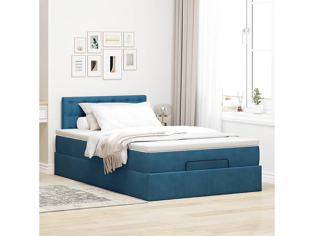Estructura de cama otomana colchón terciopelo azul oscuro