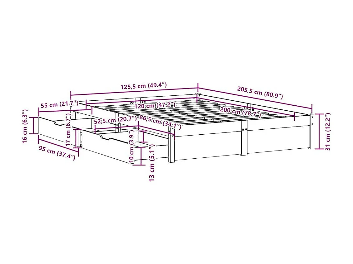 Estructura de cama sin colchón madera de pino maciza 120x200 cm
