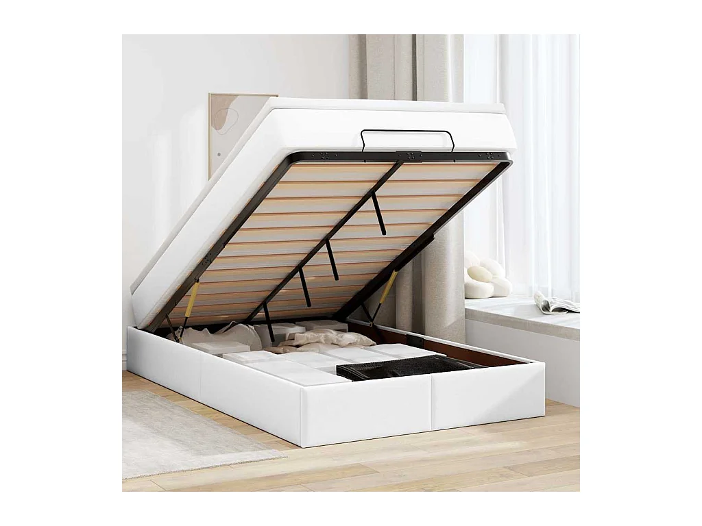 Estructura cama otomana colchón cuero sintético blanco