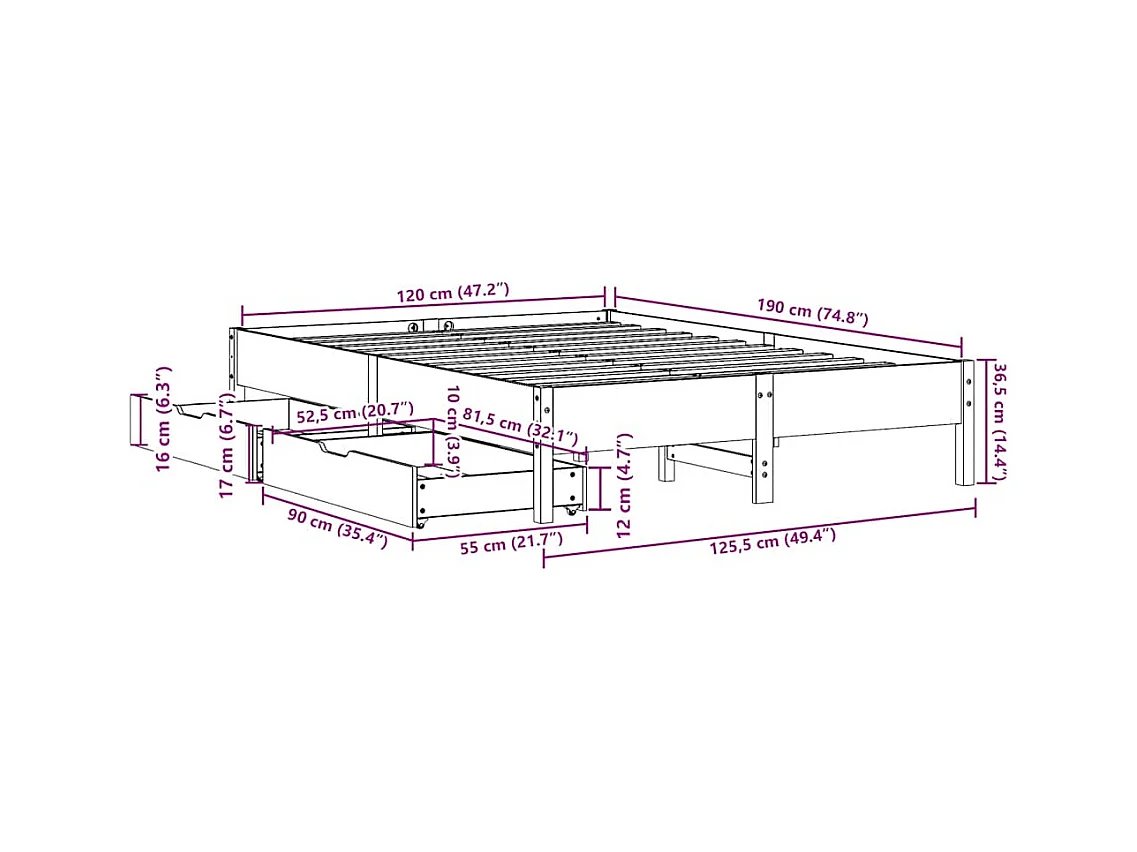 Cadre de lit sans matelas blanc 120x190 cm bois de pin massif
