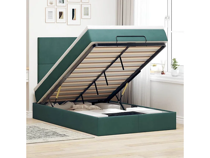 Cadre de lit ottoman avec matelas vert foncé 120x190 cm velours