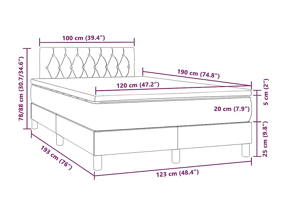 Cama box spring colchón y LED terciopelo azul oscuro 120x190 cm