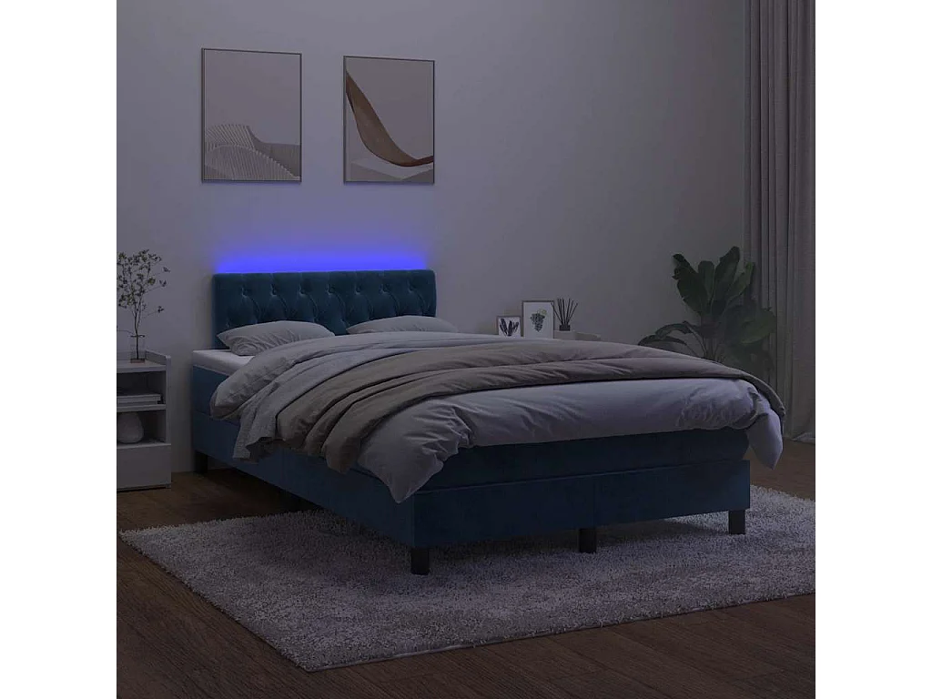Cama box spring colchón y LED terciopelo azul oscuro 120x190 cm