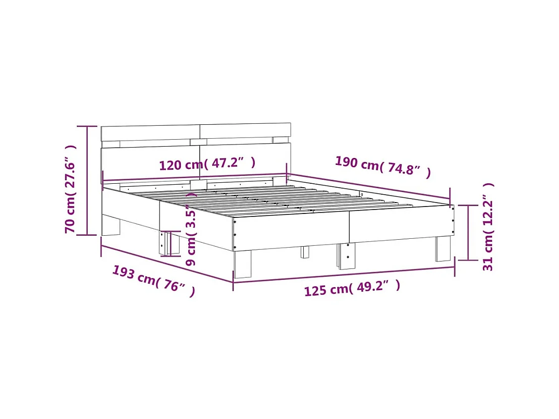 Cadre de lit avec LED sans matelas gris béton 120x190 cm