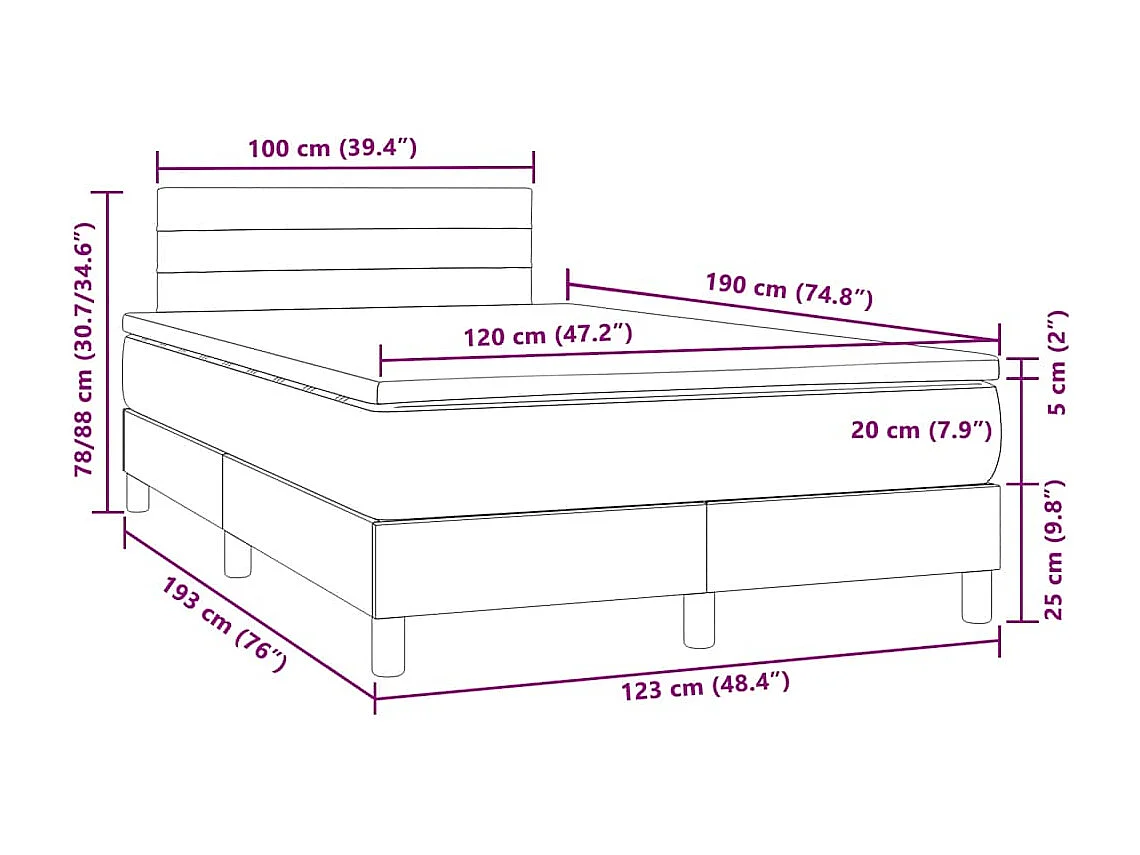 Cama box spring colchón y LED terciopelo azul oscuro 120x190 cm