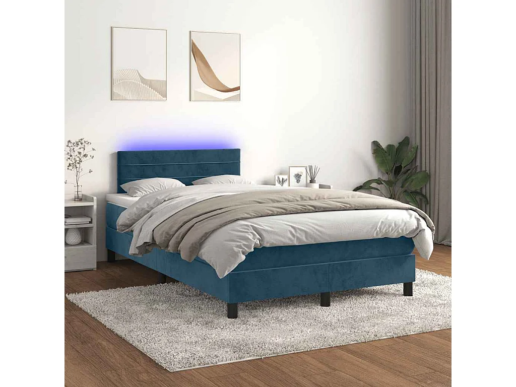 Cama box spring colchón y LED terciopelo azul oscuro 120x190 cm