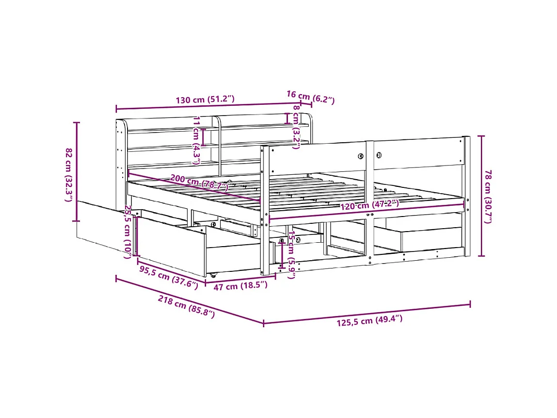 Cadre de lit sans matelas cire marron 120x200cm bois pin massif