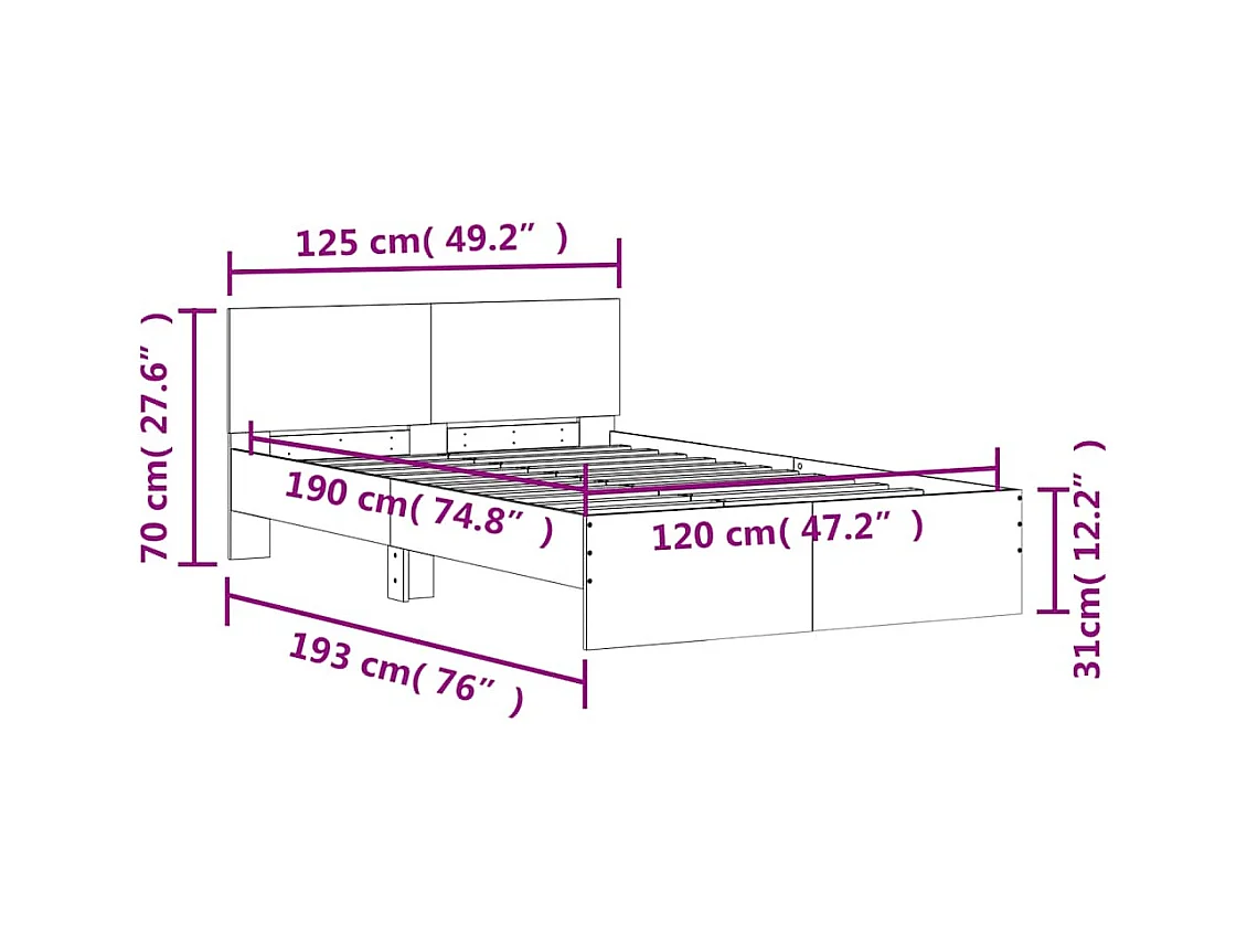 Bettgestell mit Kopfteil LED-Beleuchtung Betongrau 120x190 cm