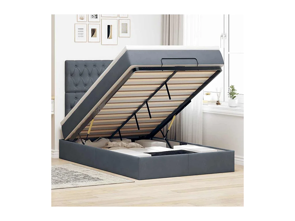 Cadre de lit ottoman et matelas gris foncé 120x200 cm velours