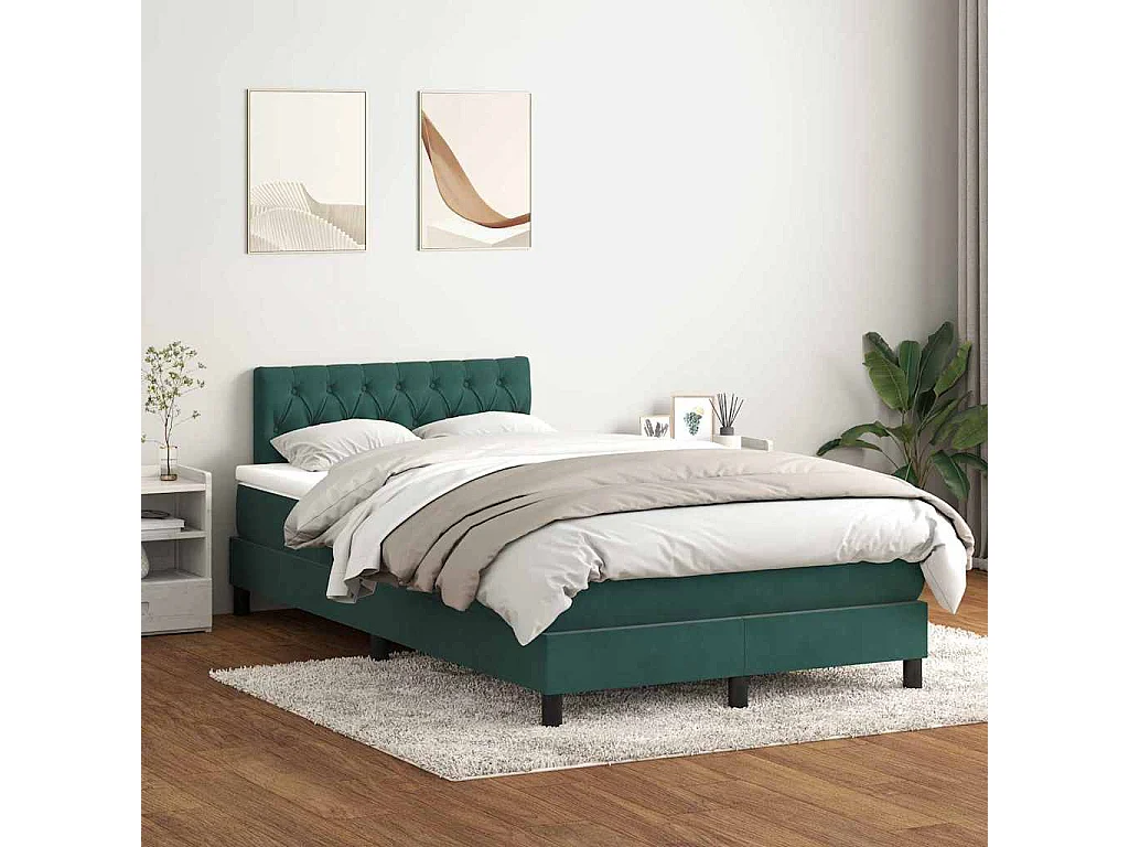 Cama box spring c/ colchão e LED 120x220 cm veludo verde-escuro