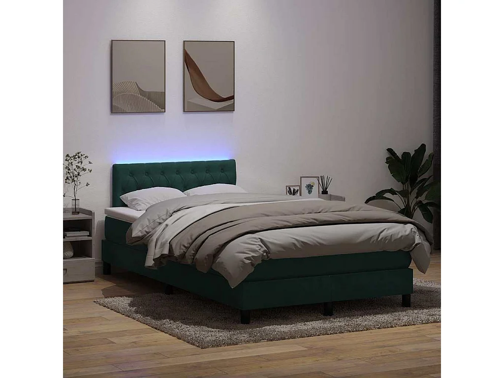 Cama box spring c/ colchão e LED 120x220 cm veludo verde-escuro