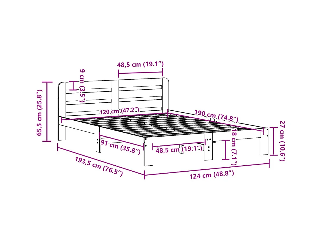 Bedframe zonder matras massief grenenhout wit 120x190 cm
