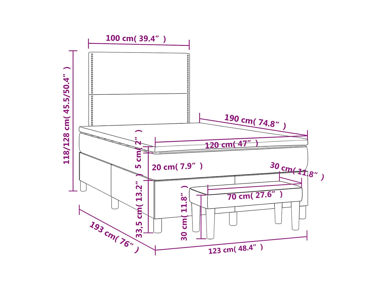Cama boxspring com colchão 120x190 cm tecido azul