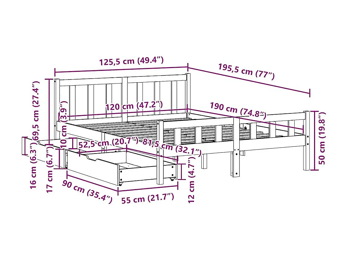 Bedframe zonder matras massief grenenhout 120x190 cm