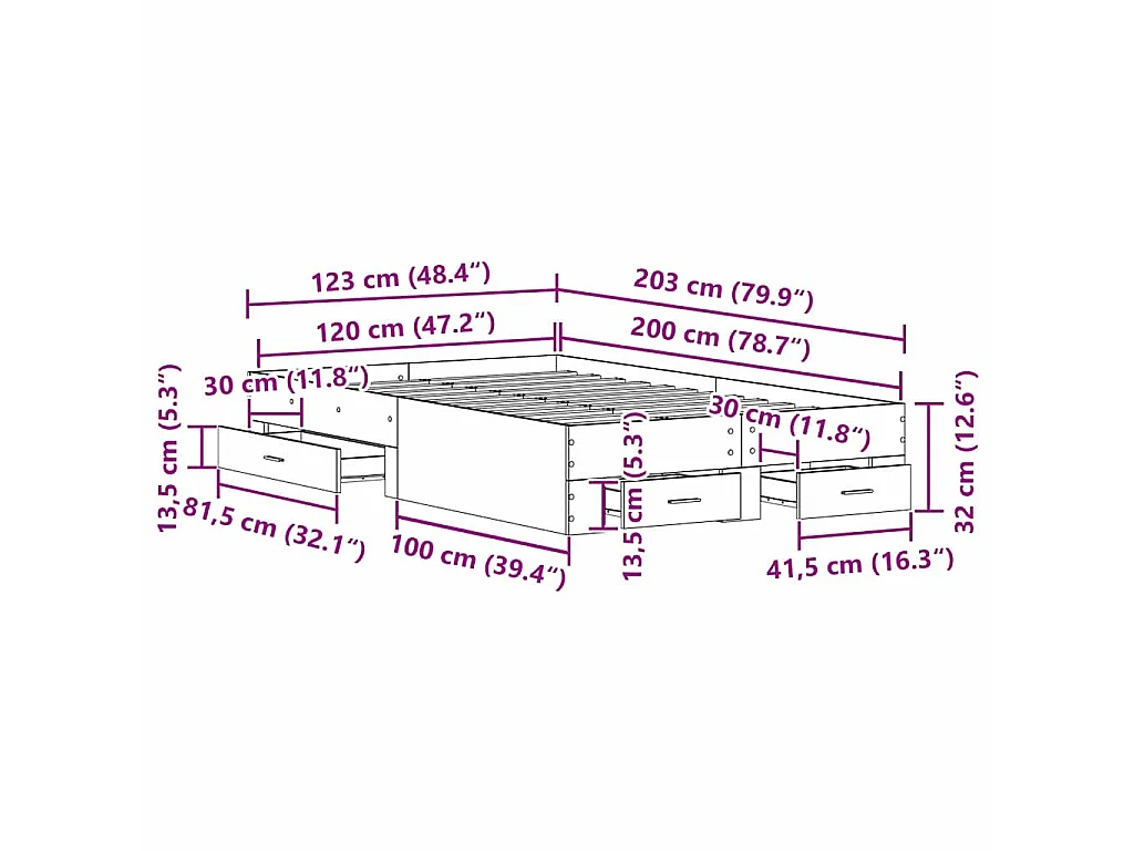 Bedframe met lade Artisan Eiken 120 x 200 cm Bewerkt hout