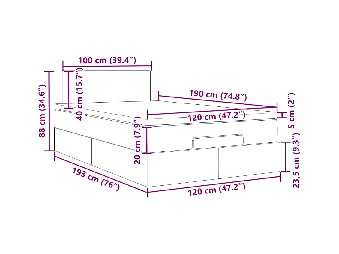 Lit ottoman avec matelas bleu foncé 120x190 cm velours