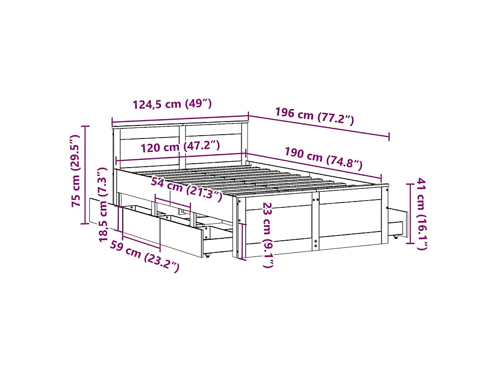 Cama con cabecero sin colchón madera maciza blanca 120x190 cm