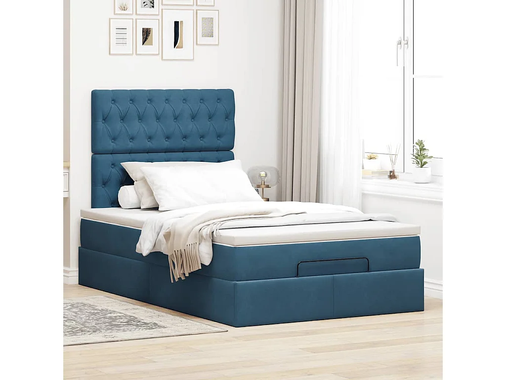 Cadre de lit ottoman avec matelas bleu foncé 120x200 cm velours