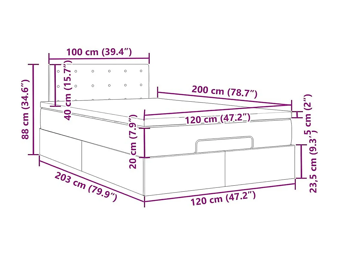 Cadre de lit ottoman et matelas gris clair 120x200 cm velours