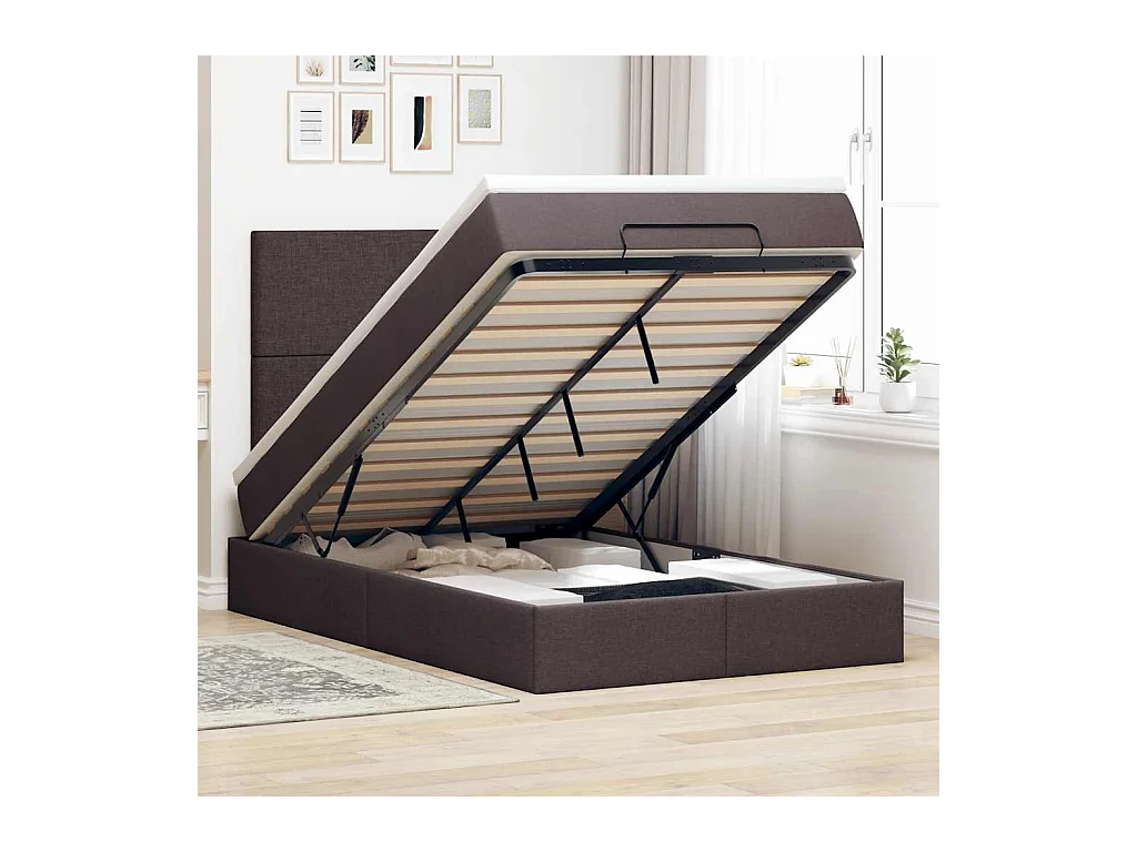 Cadre de lit ottoman avec matelas marron foncé 120x200 cm tissu
