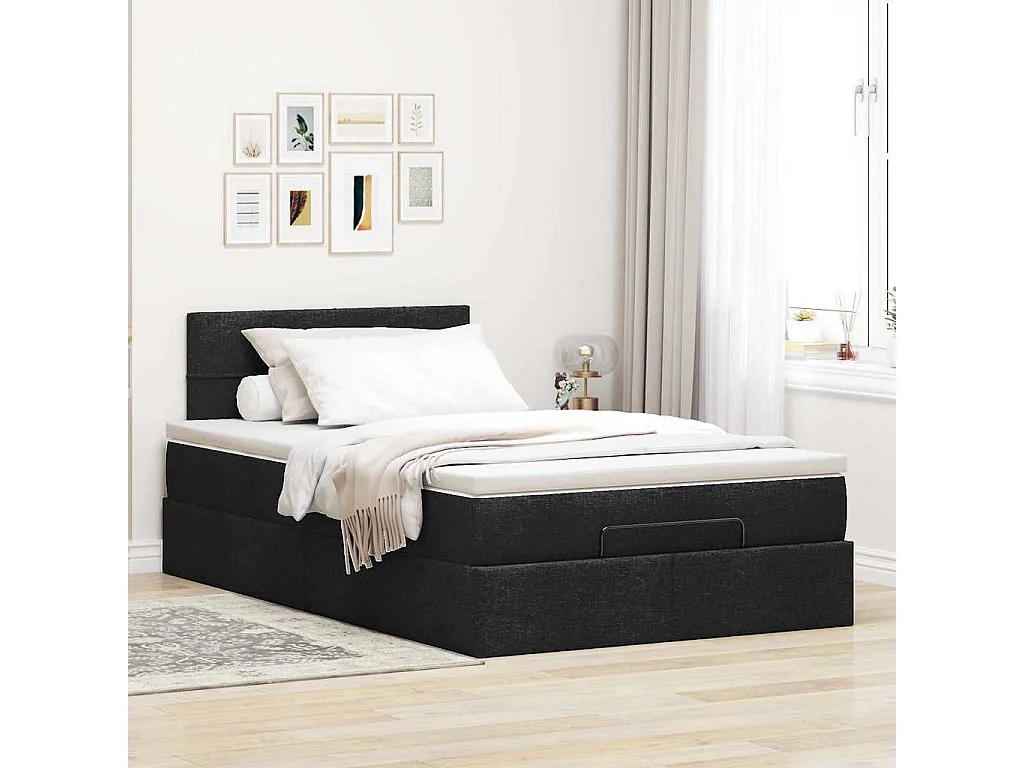 Pouf Letto con Materasso e LED Nero 120x190 cm in Tessuto