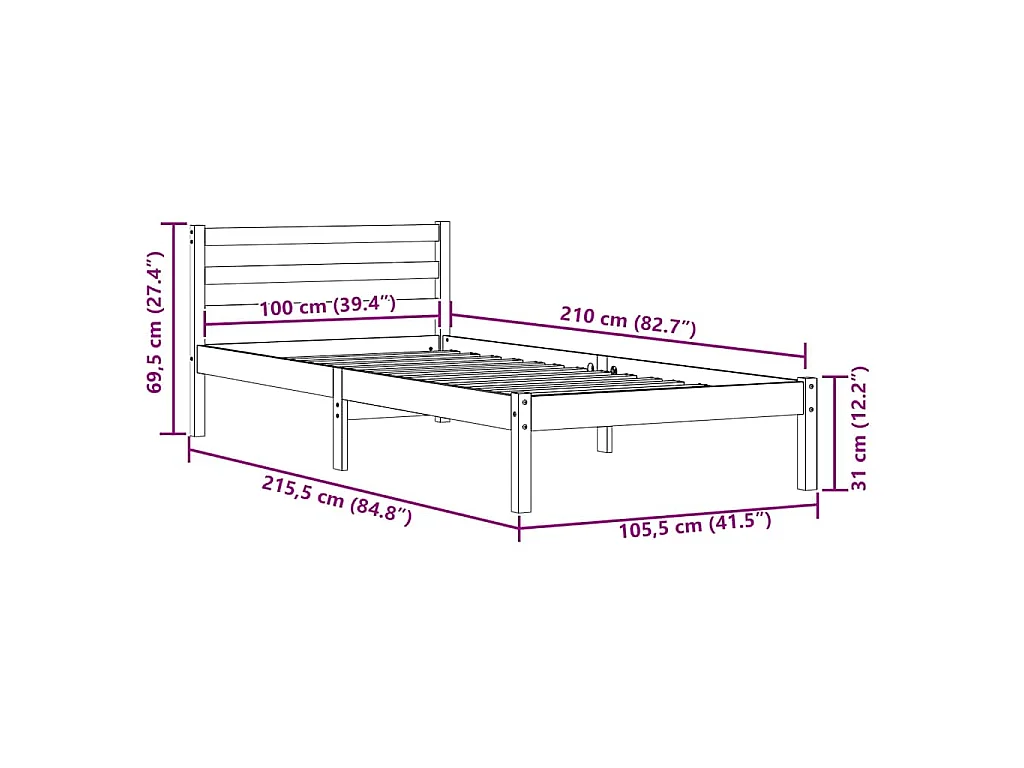 Cadre de lit Blanc 215,5 x 105,5 x 69,5 cm Bois de Pin Massif