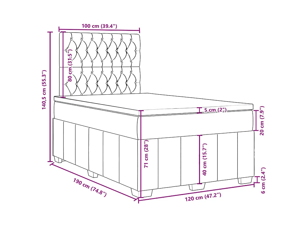 Cama box spring con colchón tela negro 120x190 cm