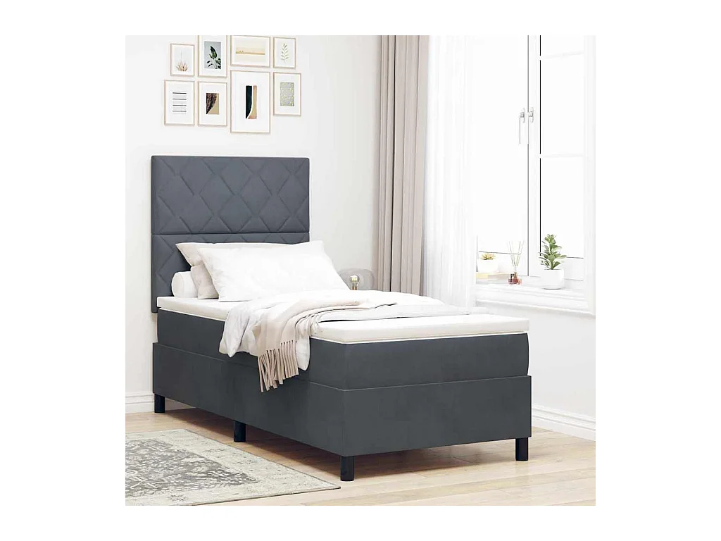 Lit à ressorts avec matelas Gris foncé 100 x 200 cm Velours