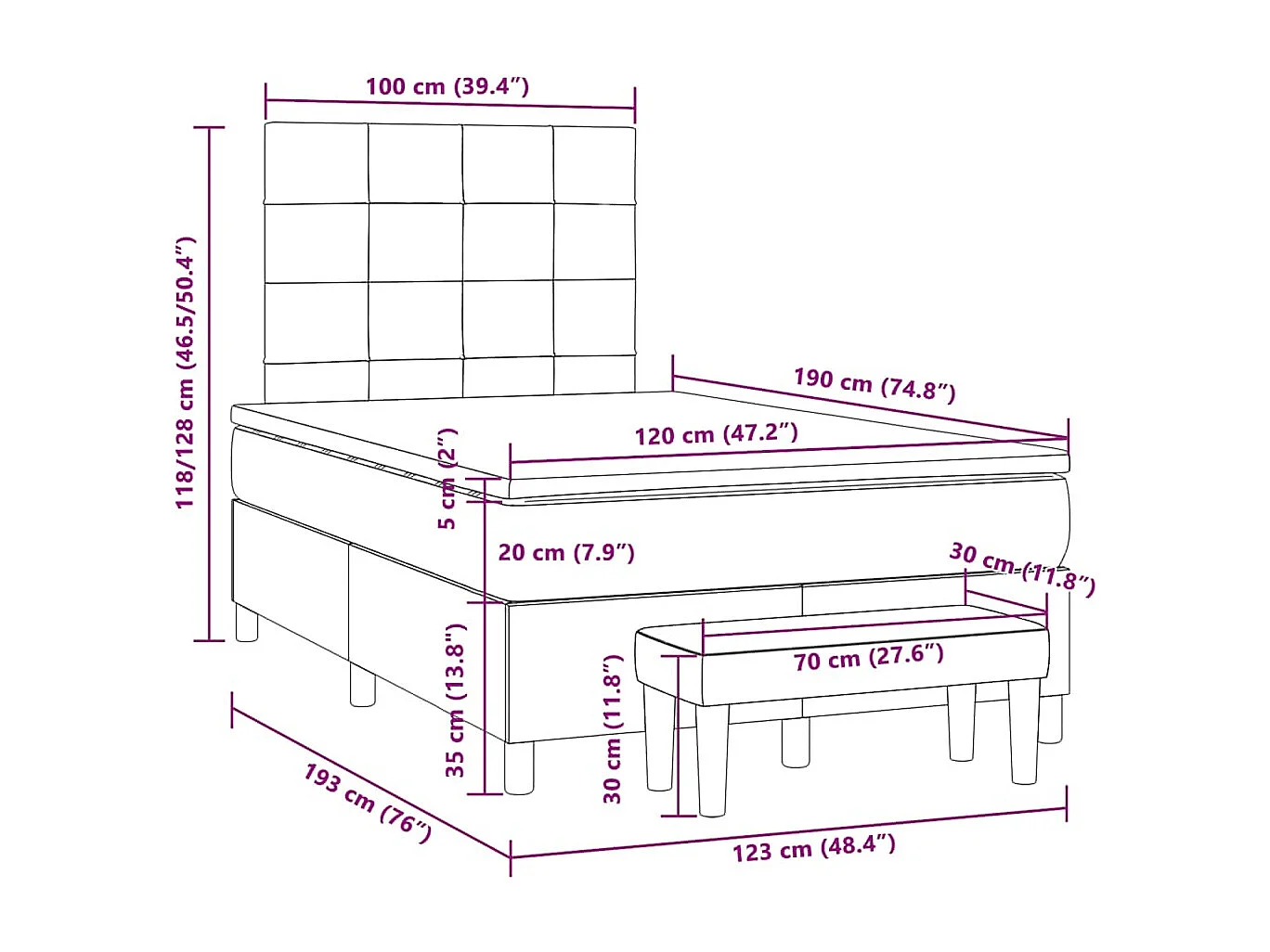 Cama boxspring c/ colchão 120x190cm tecido castanho-acinzentado
