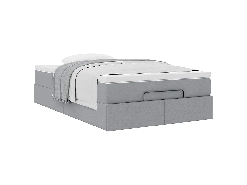 Estrutura de cama otomana com colchão cinza claro tecido