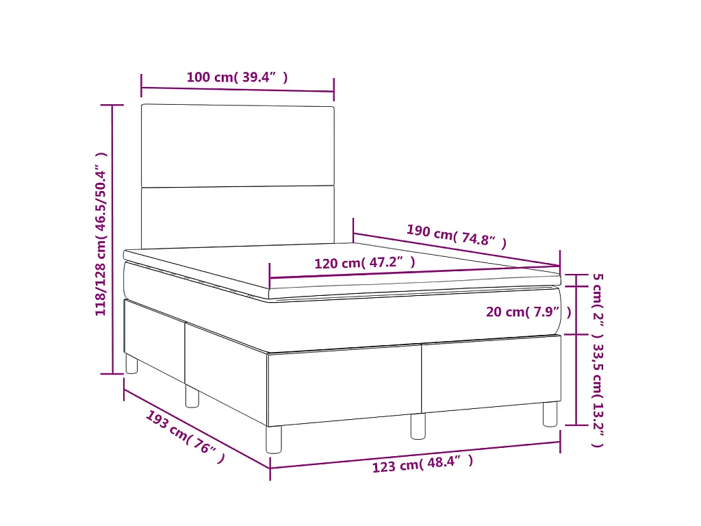 Sommier à lattes de lit et matelas LED rose 120x190 cm velours