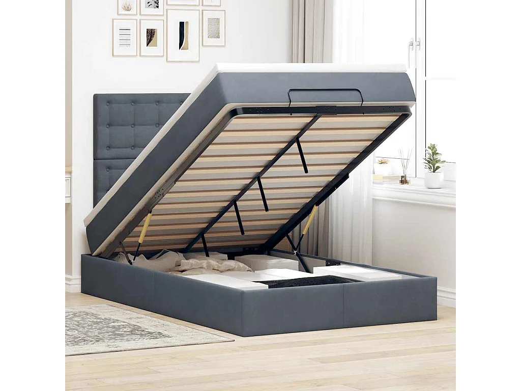 Cadre de lit ottoman et matelas gris foncé 120x200 cm velours
