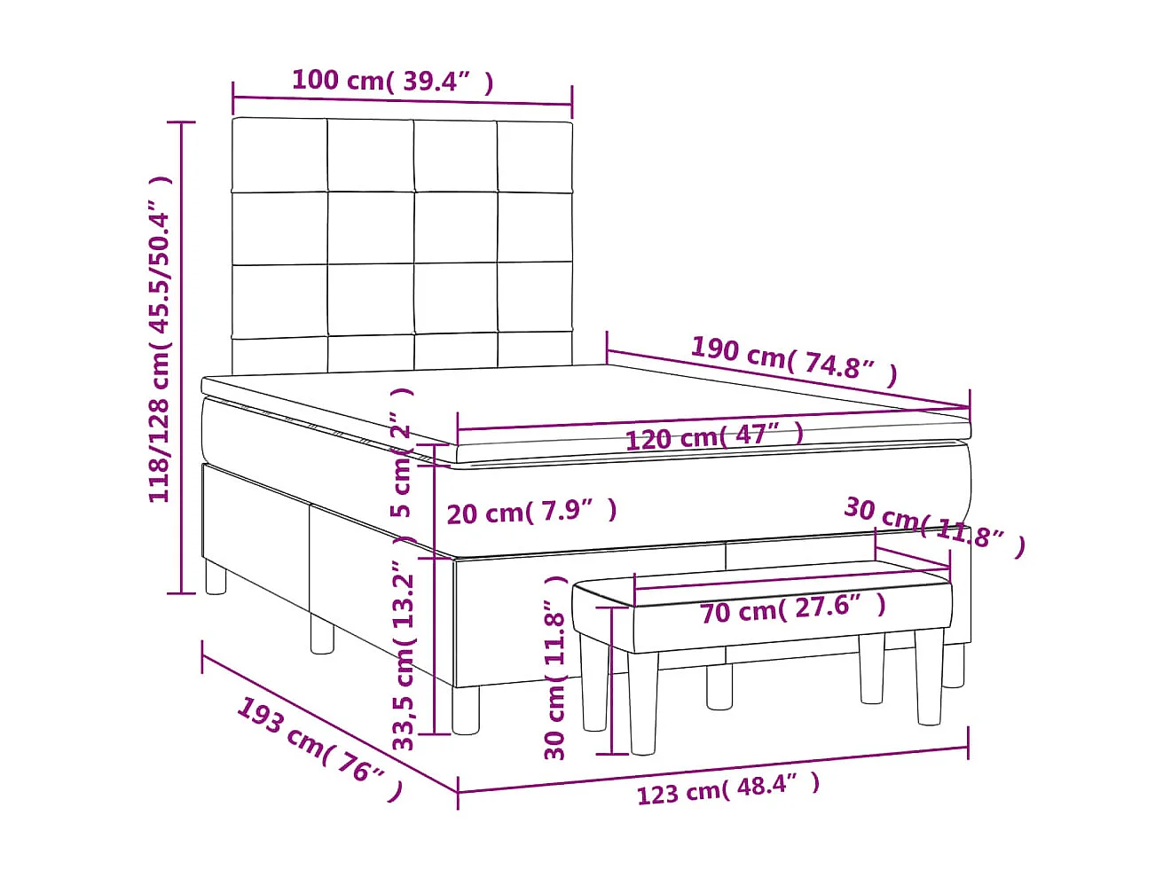 Cama boxspring com colchão 120x190 cm tecido azul