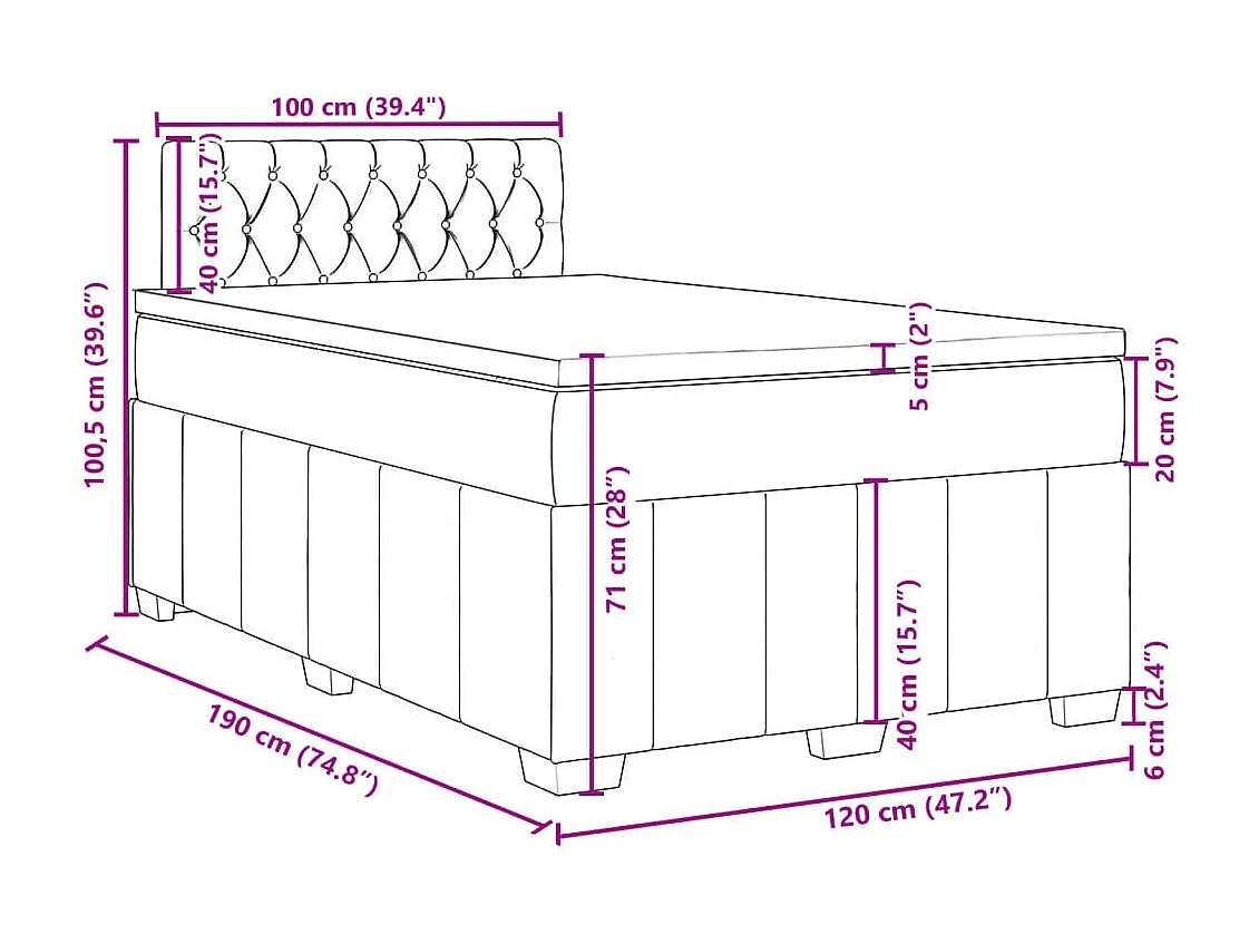 Cama boxspring com colchão 120x190 cm tecido azul