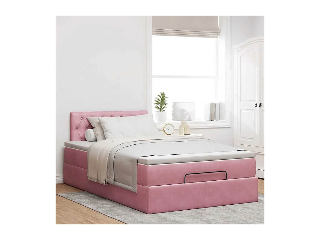 Lit ottoman avec matelas et LED rose 120x190 cm velours