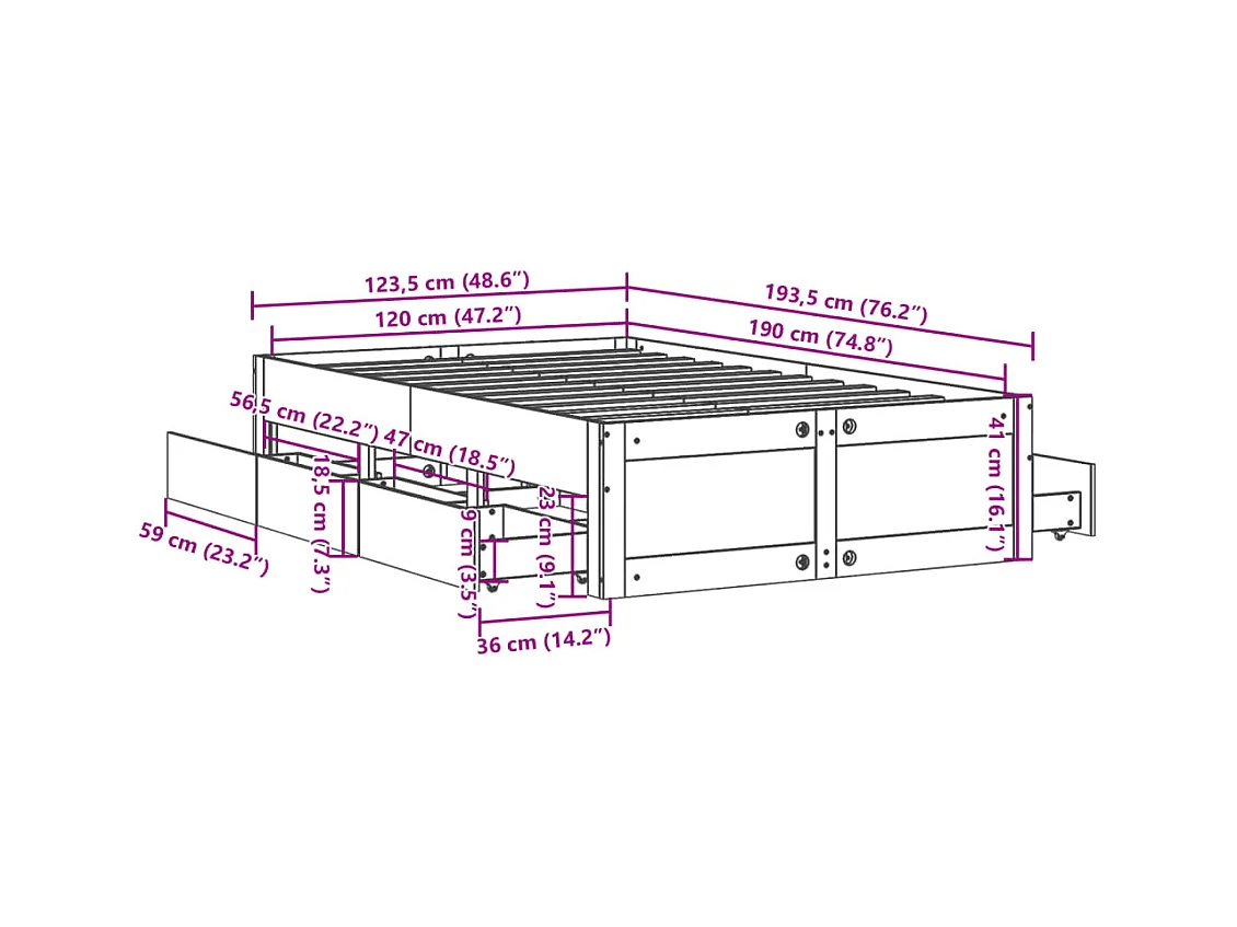 Cadre de lit sans matelas avec tiroirs 120x190 cm bois de pin