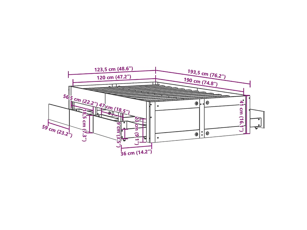 Cadre de lit sans matelas avec tiroirs 120x190 cm bois de pin