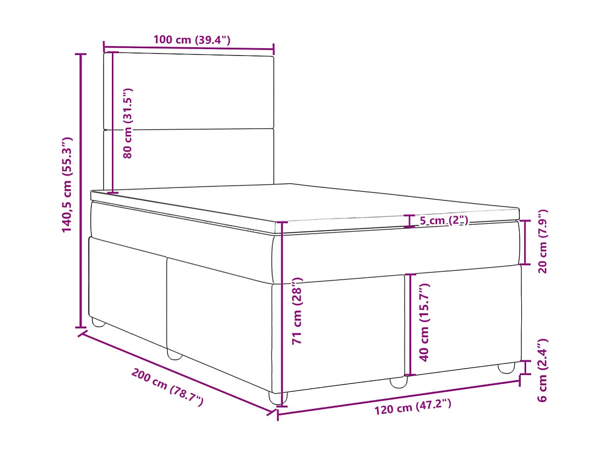 Cama box spring con colchón tela azul 120x200 cm