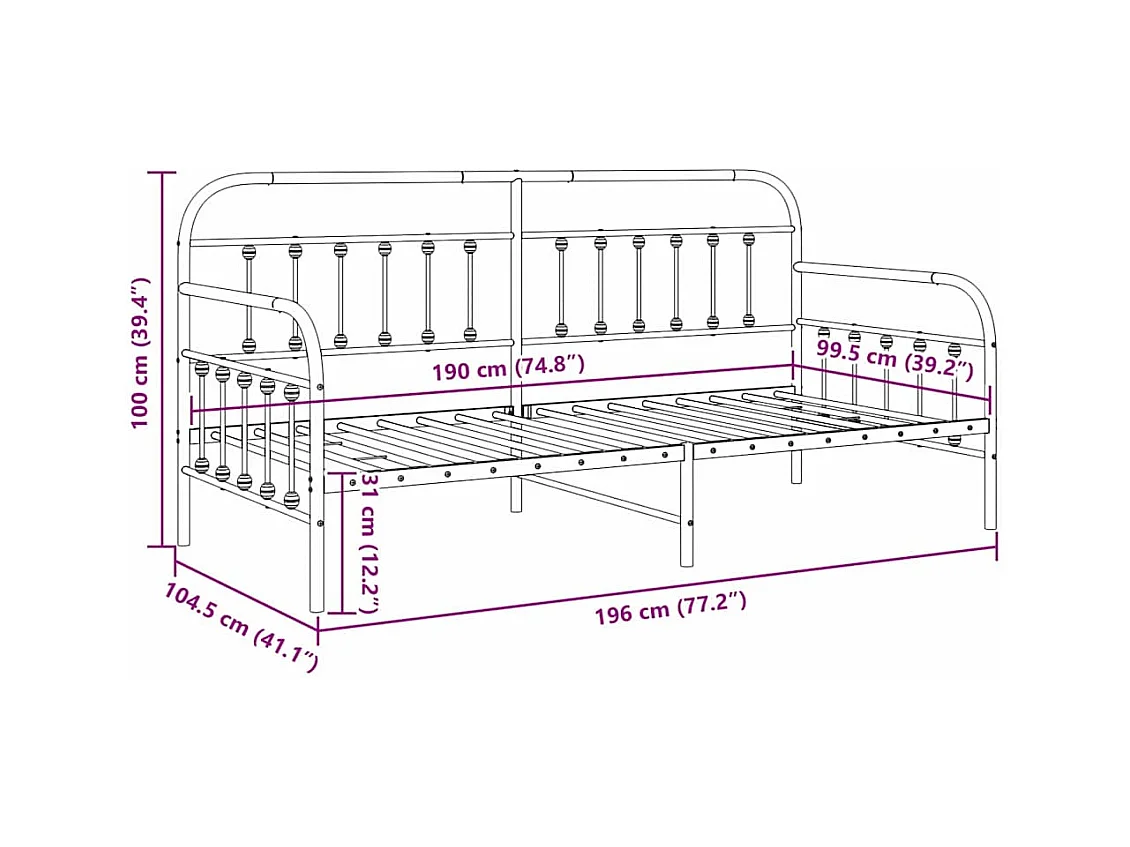 Cadre de lit de jour avec tête de lit Noir 100 x 190 cm Acier
