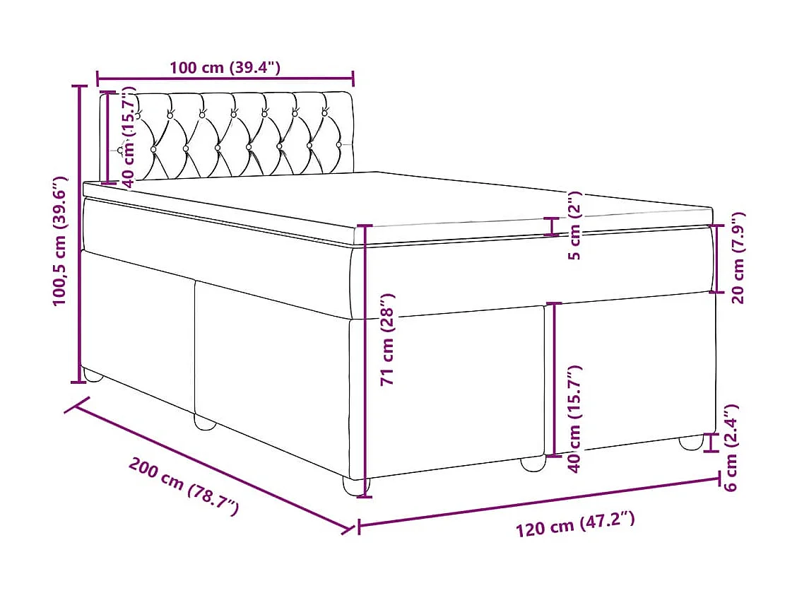 Cama box spring con colchón tela azul 120x200 cm