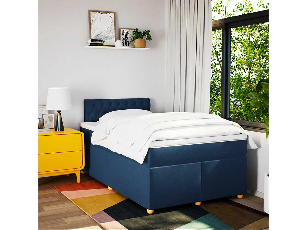 Cama box spring con colchón tela azul 120x200 cm