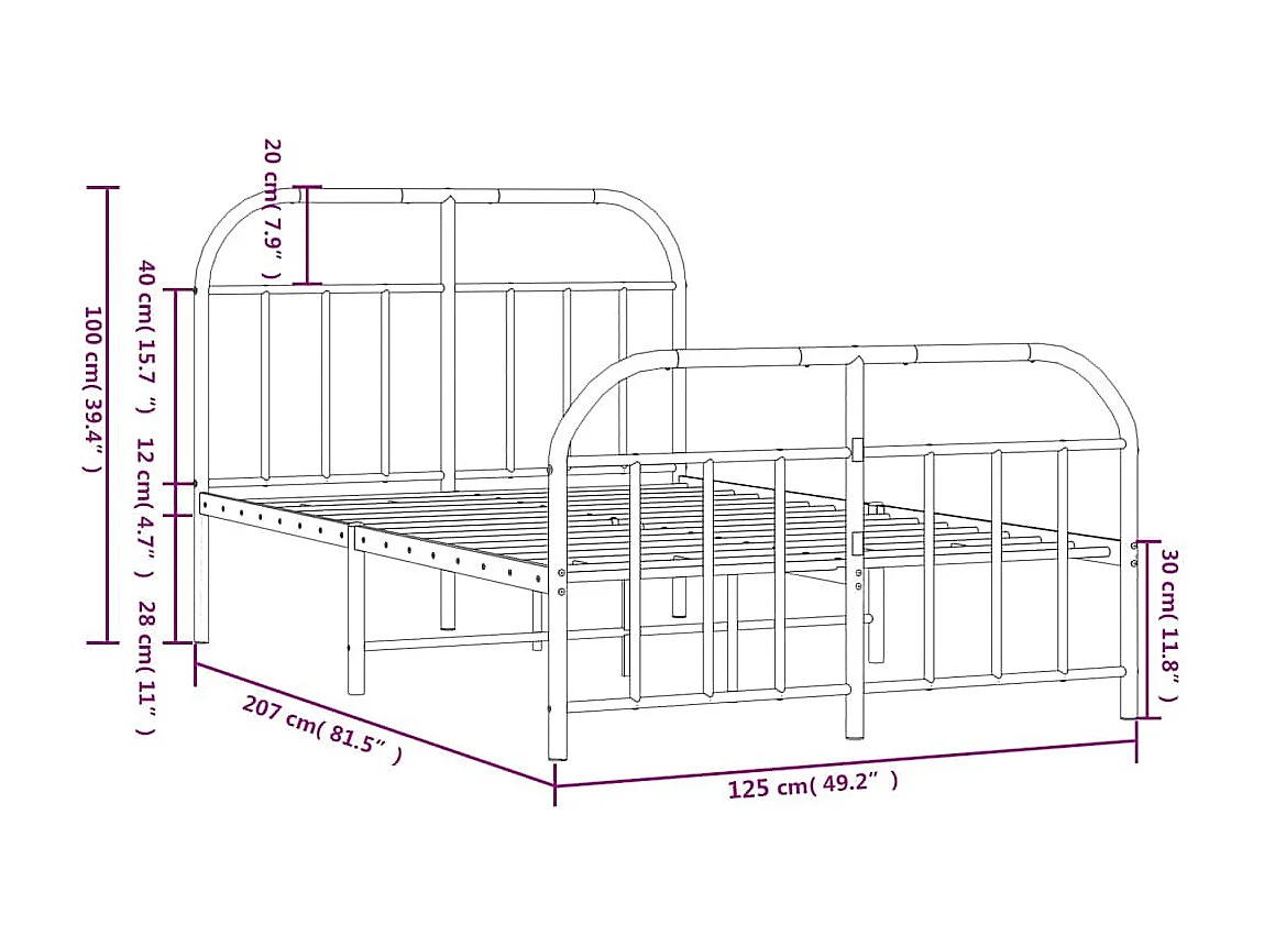 Cadre de lit métal sans matelas et pied de lit blanc 120x200 cm