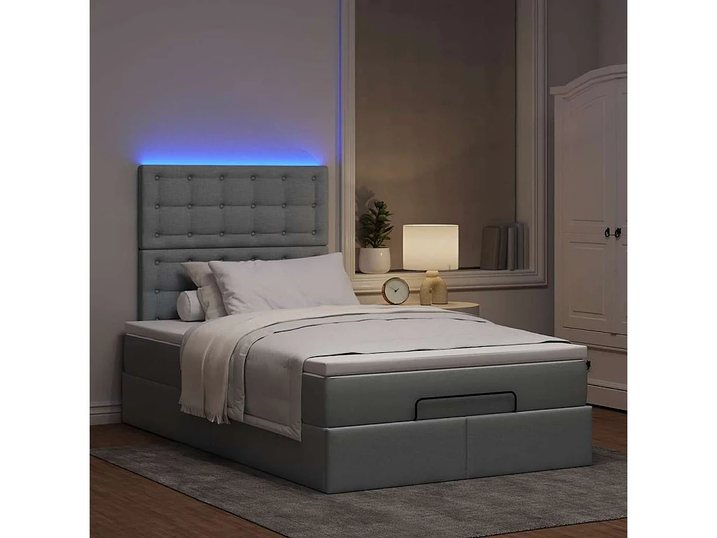 Estrutura de cama otomana com colchão cinza claro tecido