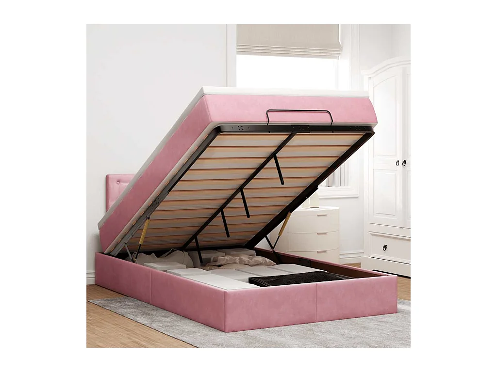 Lit ottoman avec matelas rose 120x190 cm velours