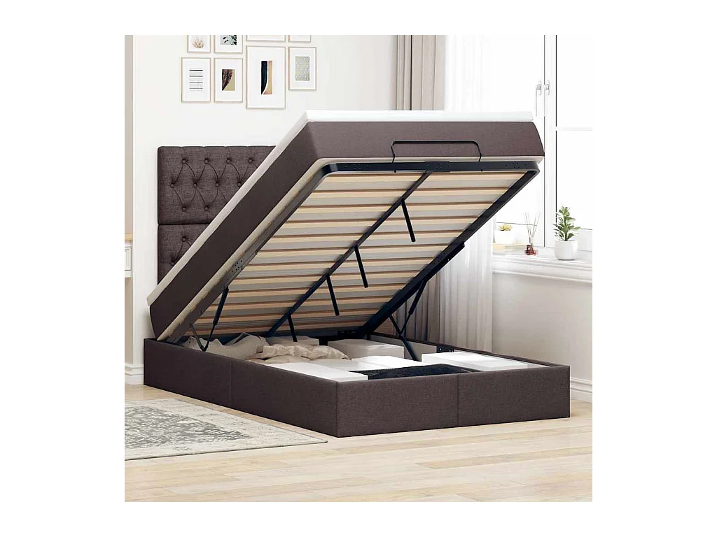 Cadre de lit ottoman avec matelas marron foncé 120x200 cm tissu