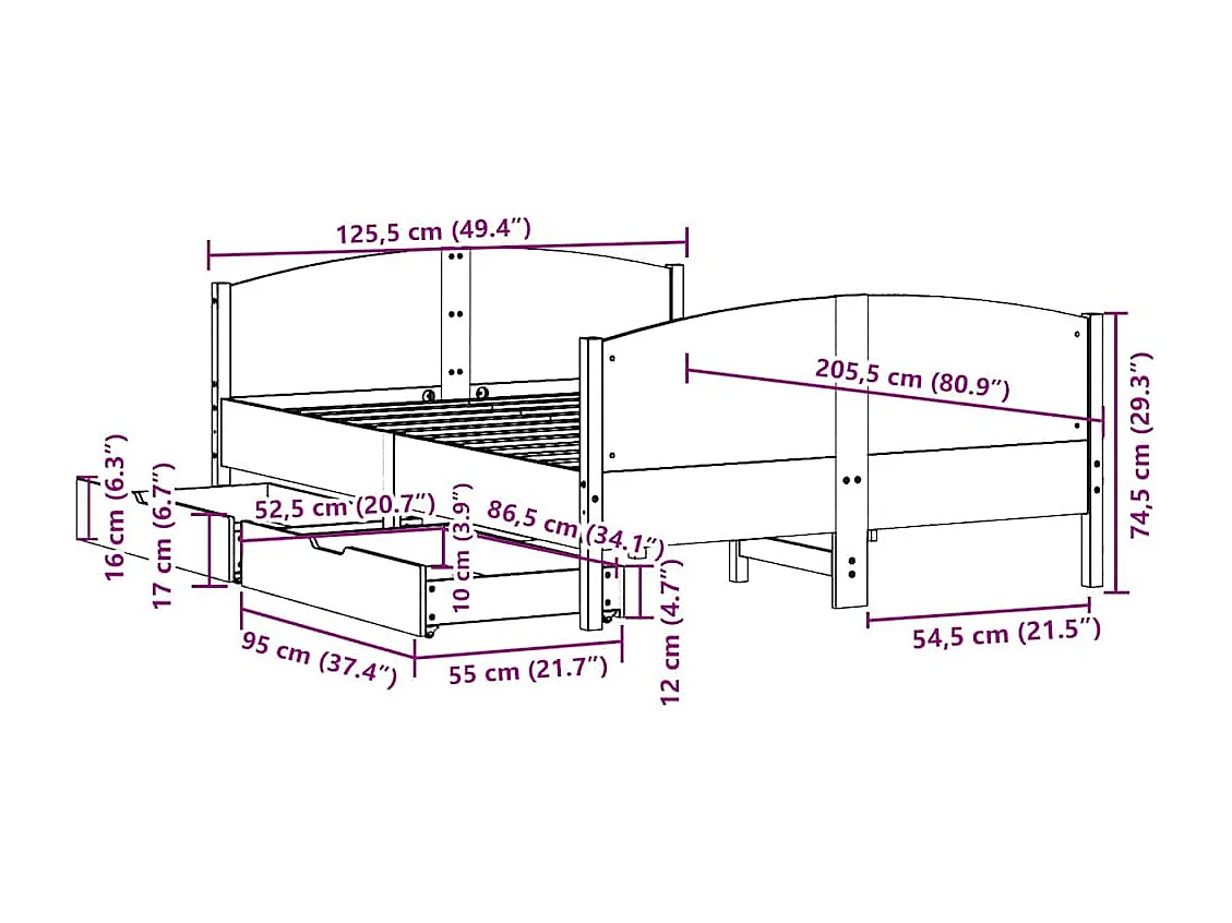 Bedframe zonder matras massief grenenhout wit 120x200 cm