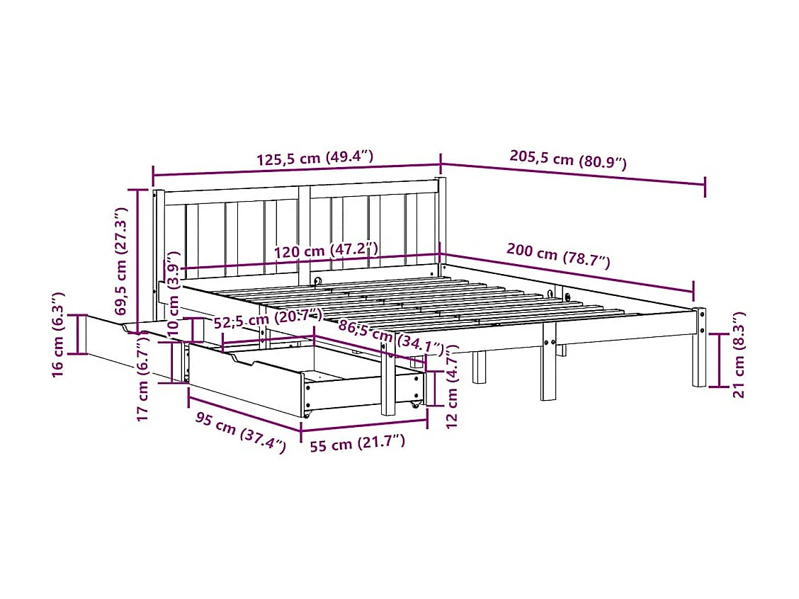 Cadre de lit sans matelas cire marron 120x200cm bois pin massif